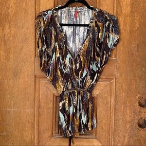 Anthropologie Feather Print beaded blouse top SMALL
